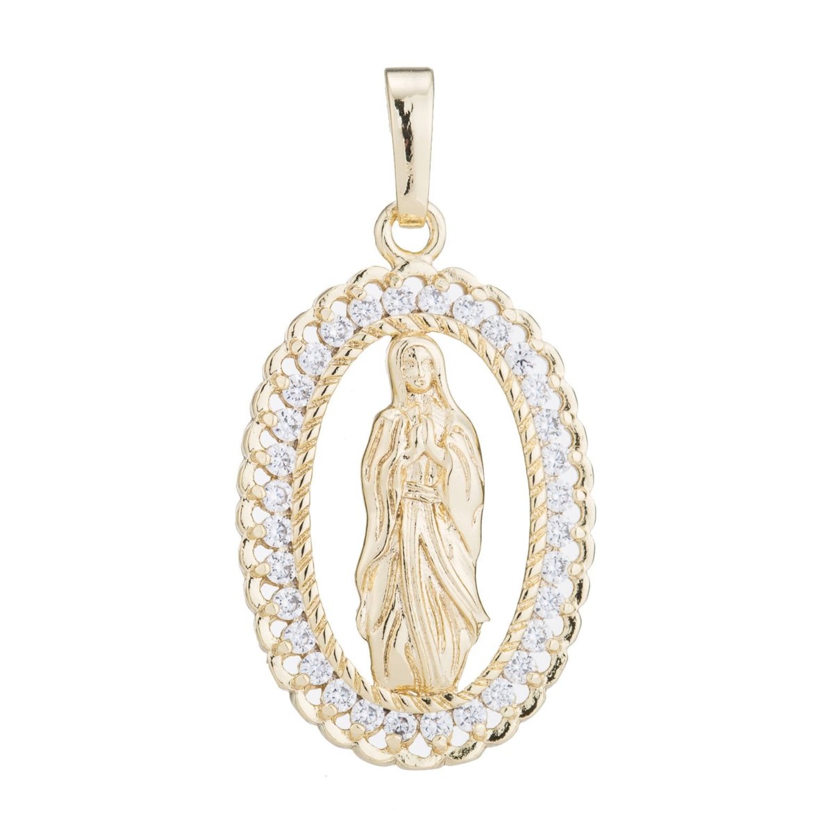 Holy Mother Virgin Mary Pray For Us Gold Filled Necklace, Vintage Design Pendant Cubic Zirconia, Religious Catholic Findings Jewelry H-183 I-755
