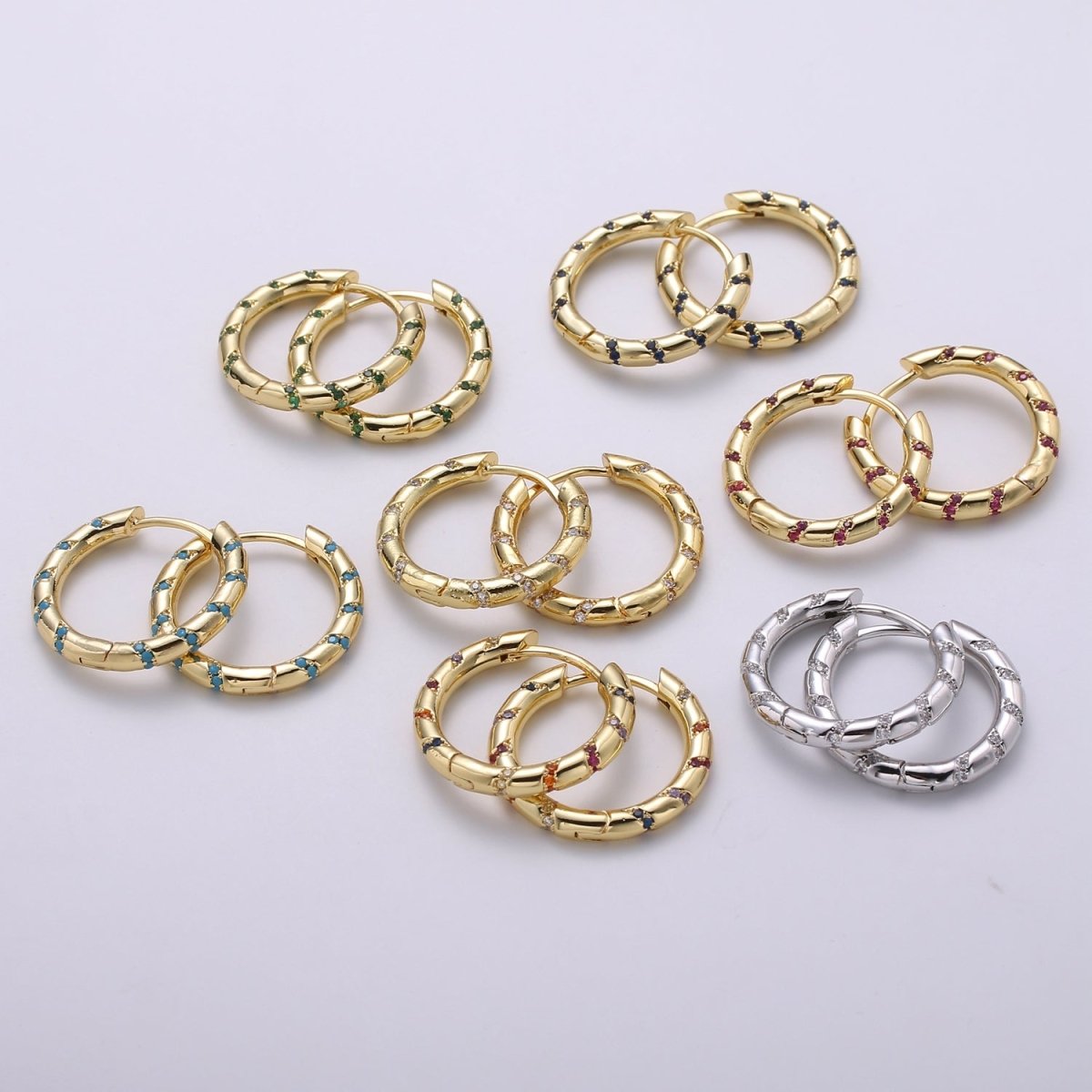Hoops - Pink, Teal, Blue, Green, Clear, Multi-color Zirconia or White Gold CZ earrings - 24K Gold Huggie hoops Q-355 - Q-361