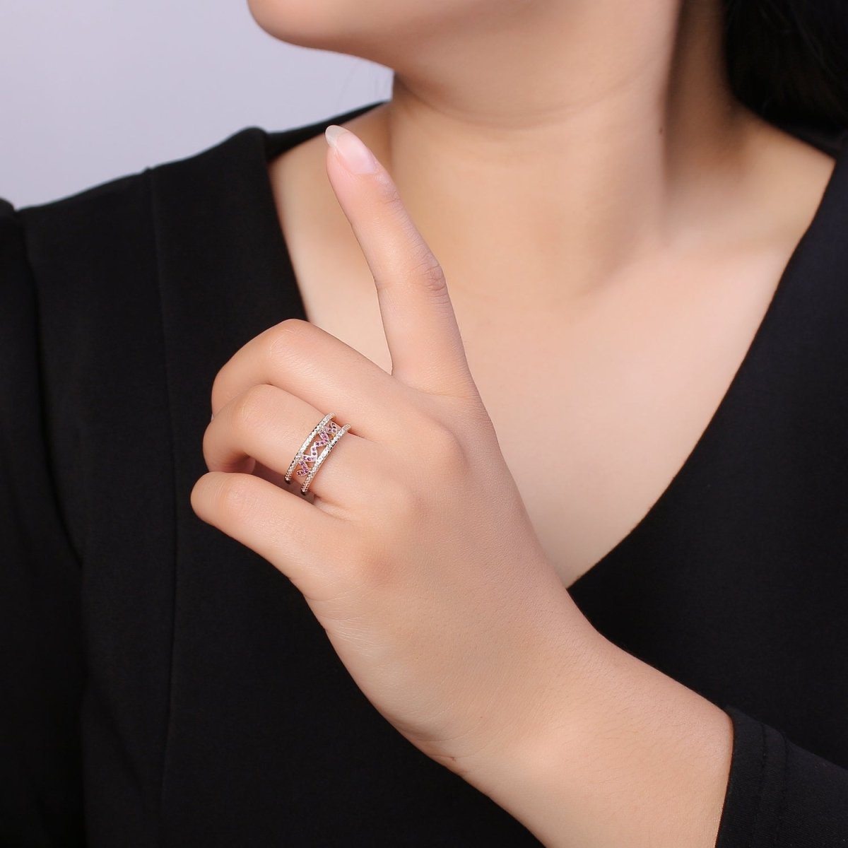 Hot Pink CZ Heart 18K Gold Filled Adjustable Ring O-326