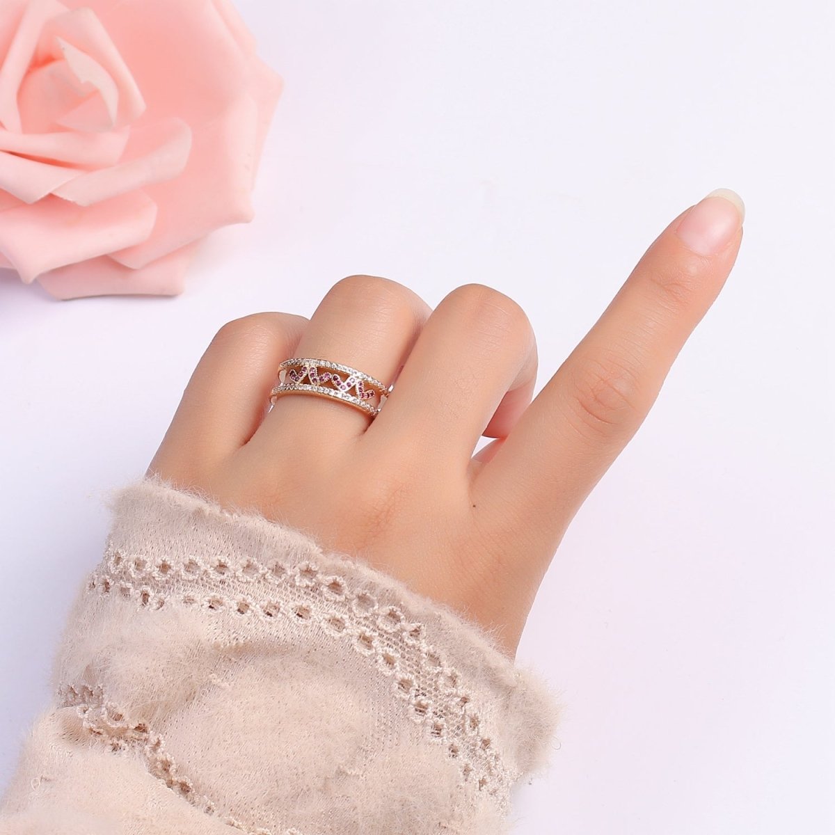Hot Pink CZ Heart 18K Gold Filled Adjustable Ring O-326