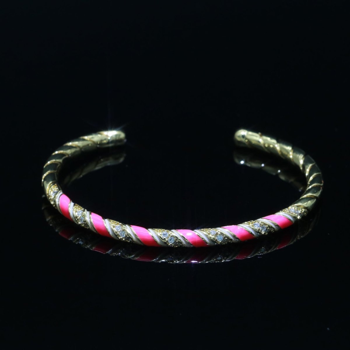 Hot Pink Enamel Geometric Swirl Gold Filled Bangle Open Adjustable Bracelet Vintage Style Inspired | WA-116 Clearance Pricing