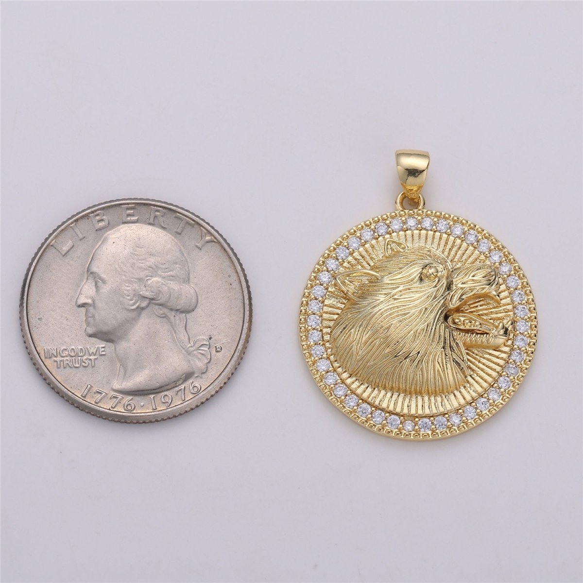 Howling Wolf Charm - 24k gold Filled Medallion Pendant The Wolf of Wall Street Pendant, Micro Pave Wolf Moon Charm for Statement Necklace I-579