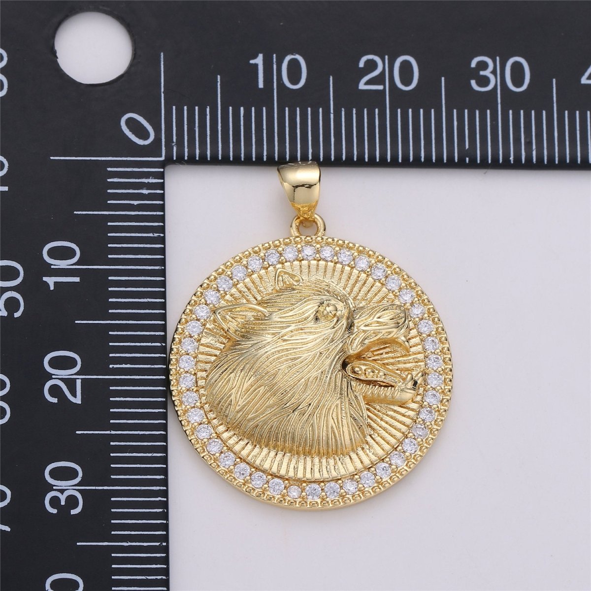 Howling Wolf Charm - 24k gold Filled Medallion Pendant The Wolf of Wall Street Pendant, Micro Pave Wolf Moon Charm for Statement Necklace I-579