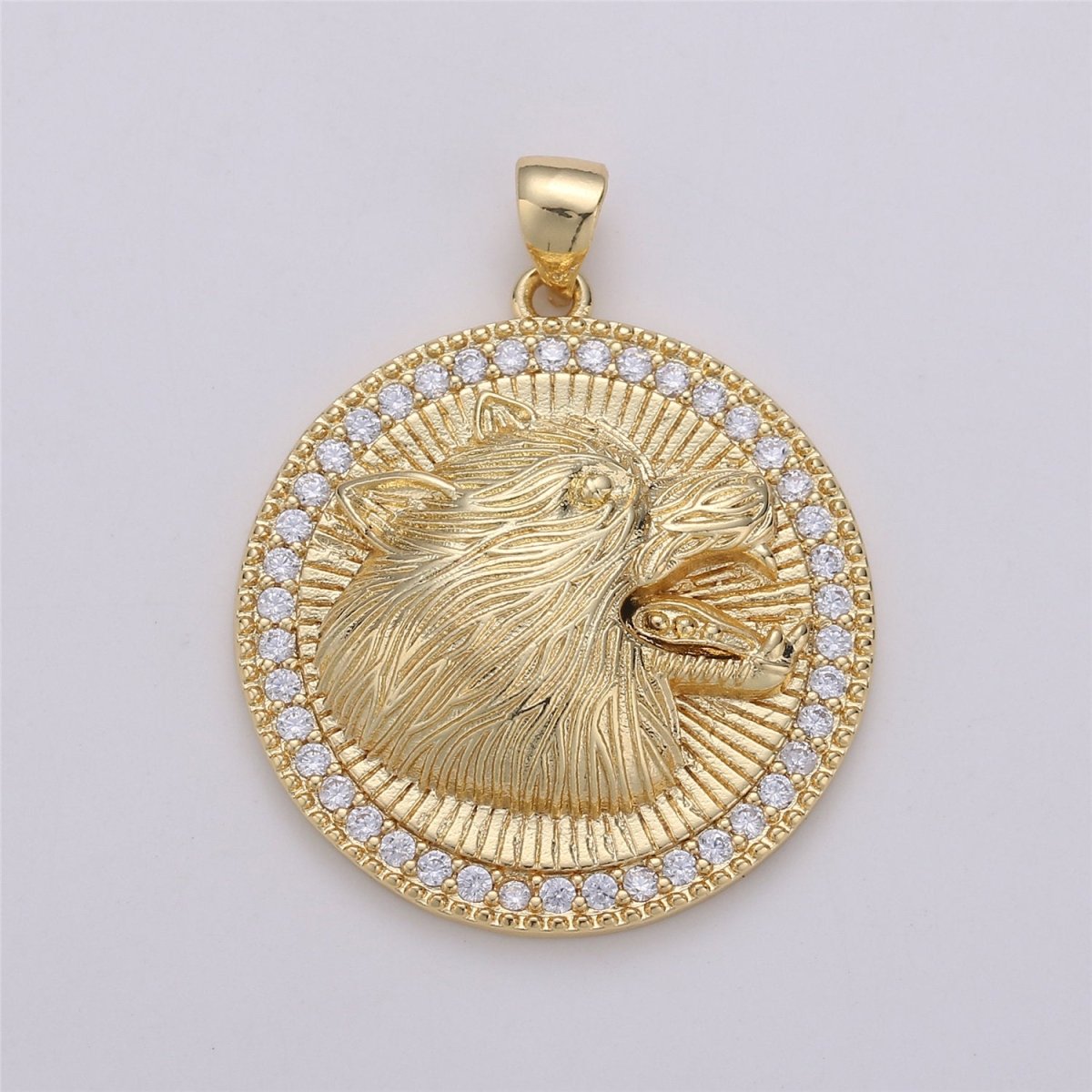 Howling Wolf Charm - 24k gold Filled Medallion Pendant The Wolf of Wall Street Pendant, Micro Pave Wolf Moon Charm for Statement Necklace I-579