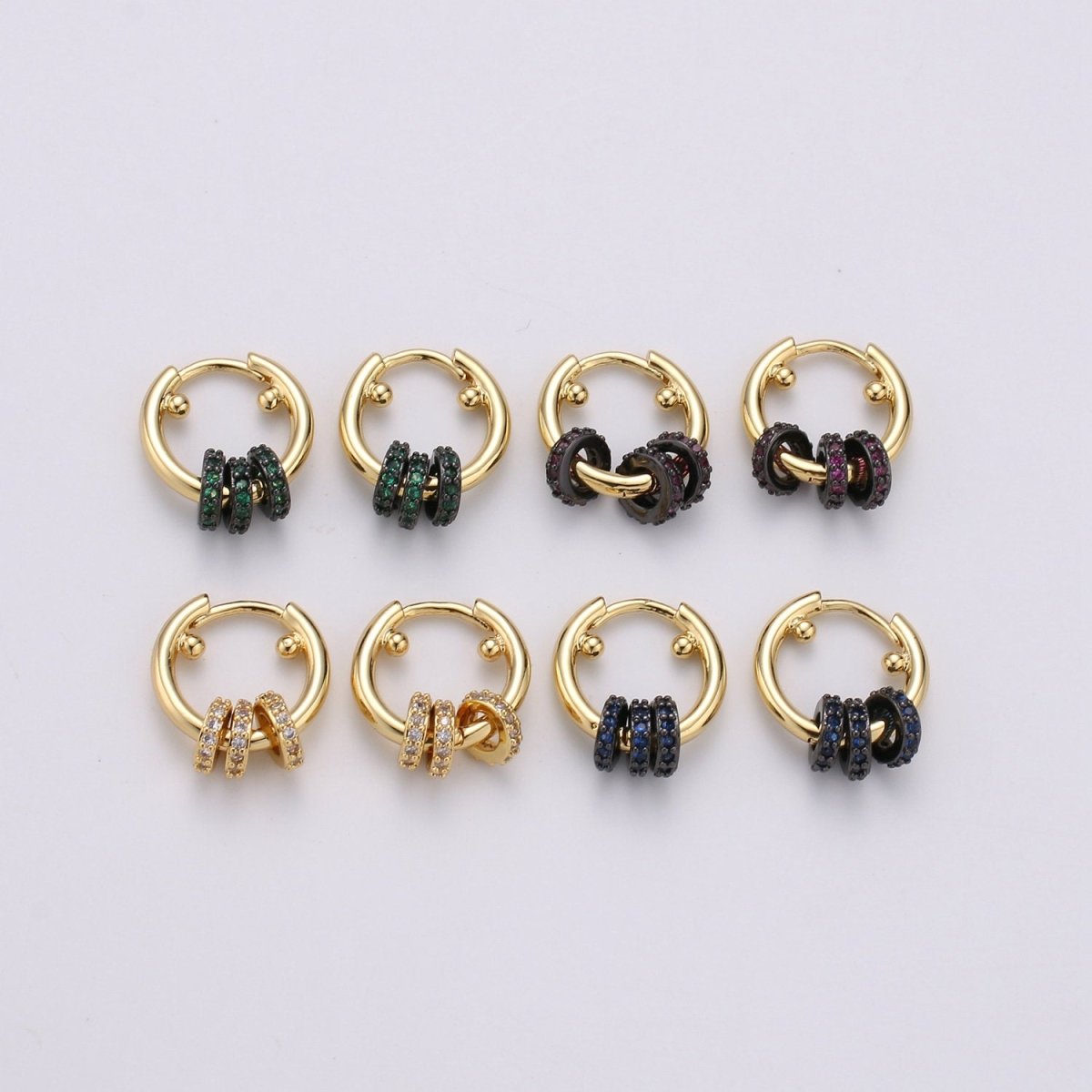 Huggie Earring with Mini Circles 14k Gold Filled Earring Cubic Zirconia Micro Pave Black, Green Gold Statement Earring K-563 K-565 K-566