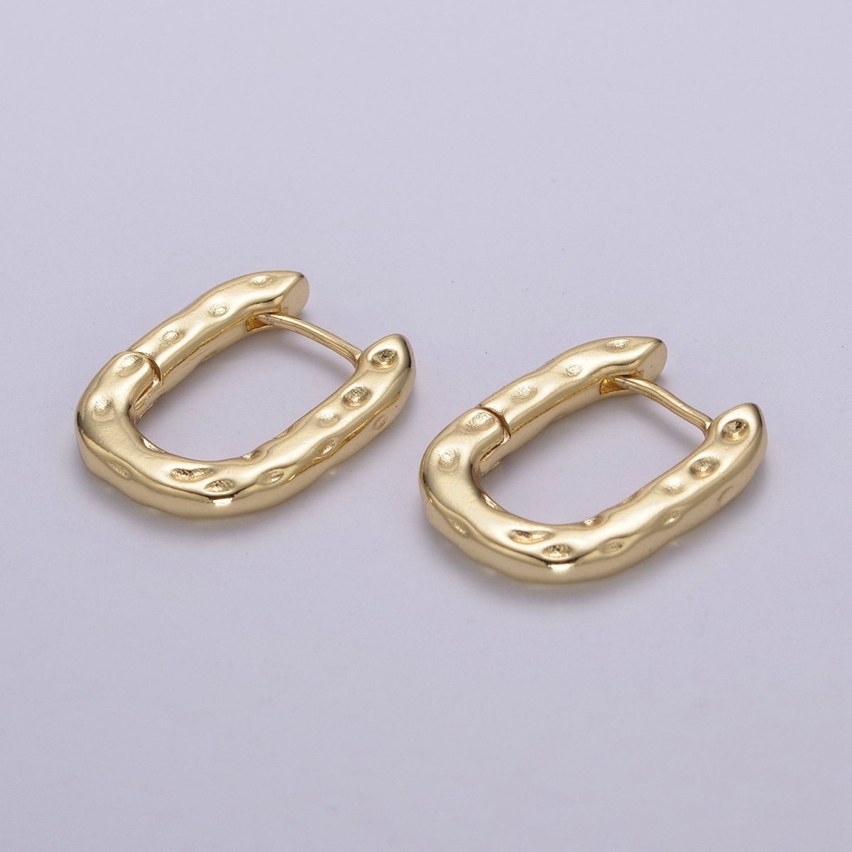 Hypoallergenic Gold Rectangular Hoop Earrings Small Huggie Hoops, U Shape Hoop, Oval Hoops, Rustic Hammered Geometric Earring, Minimal Earring T-252