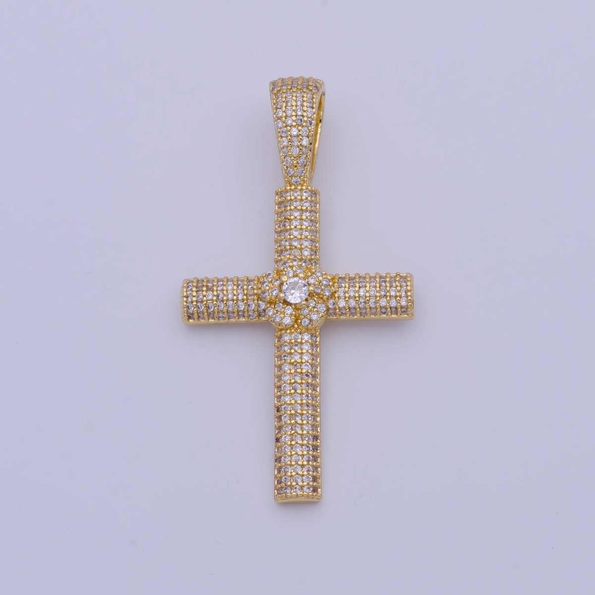Iced Out Micro Paved Cubic Zirconia Gold Cross Pendant For Religious Necklace Making | X-525
