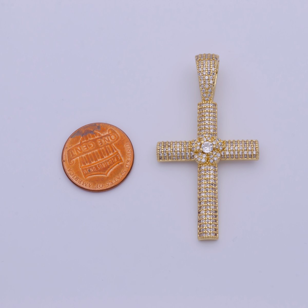 Iced Out Micro Paved Cubic Zirconia Gold Cross Pendant For Religious Necklace Making | X-525