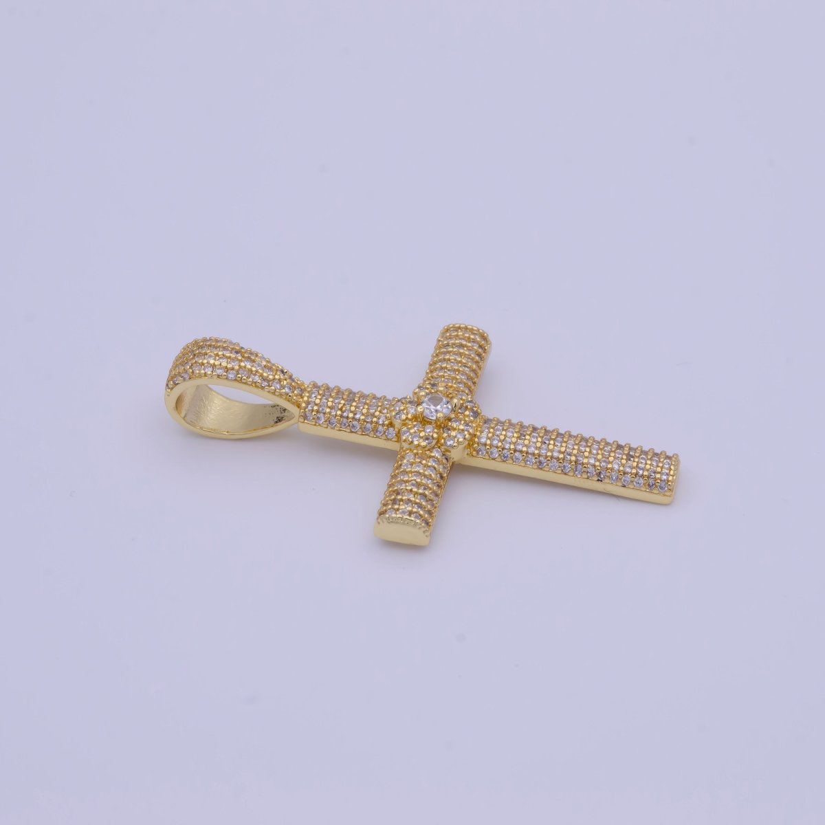 Iced Out Micro Paved Cubic Zirconia Gold Cross Pendant For Religious Necklace Making | X-525