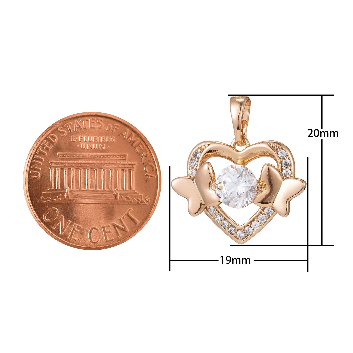 18k Gold Filled Micro Pave CZ Heart Pendant Charm, Hearts with Dual Butterfly Pendant Charm, Gold Filled Heart Pendant, For DIY Jewelry I-416