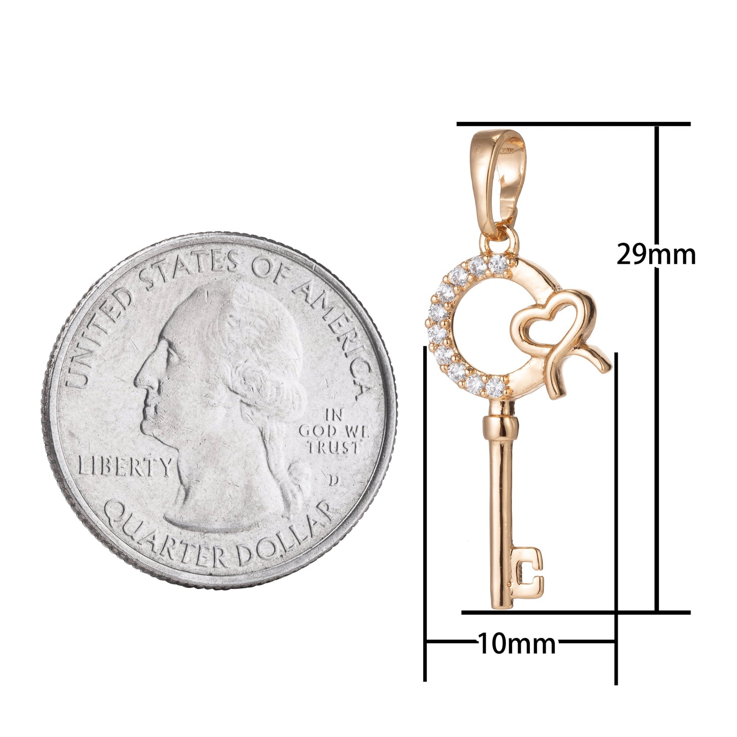 18k Gold Filled Micro Pave CZ Heart Key Pendant Charm, Micro Pave CZ Key Pendant Charm, Gold Filled Key Pendant, For DIY Jewelry I-538