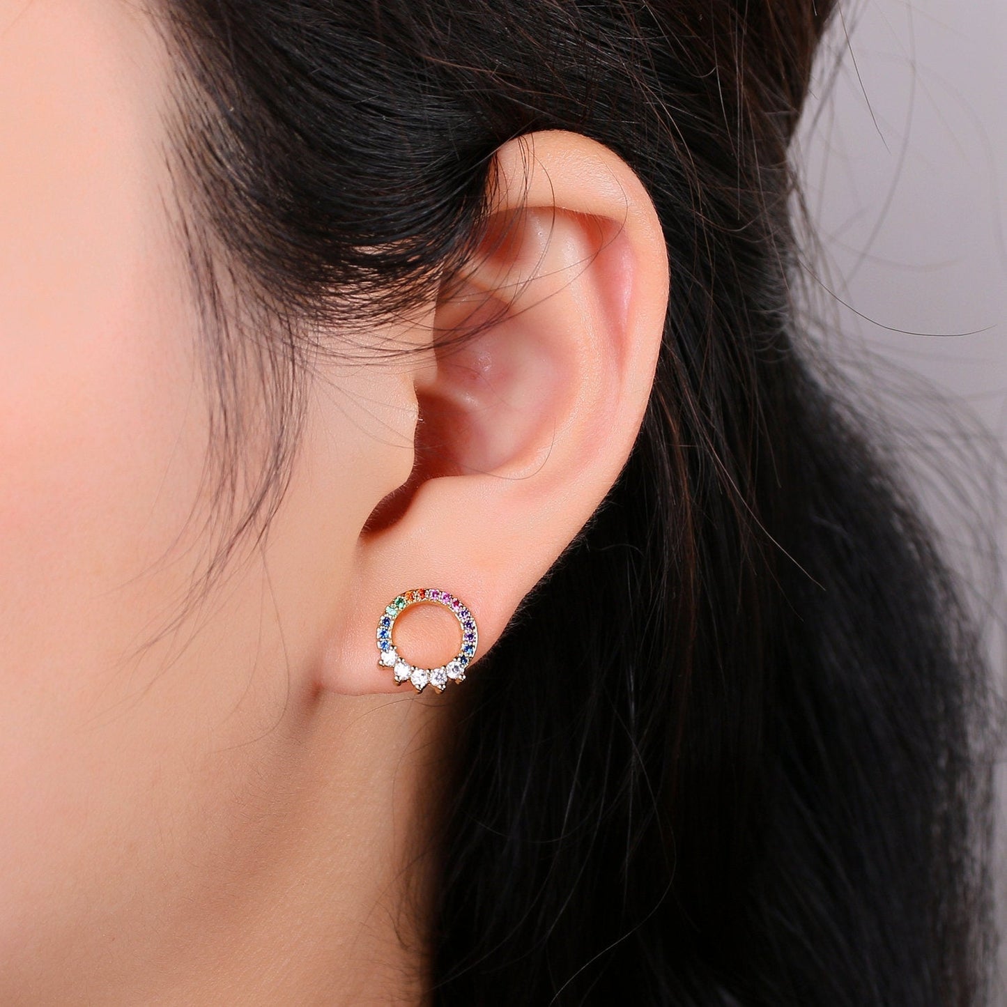 Multi Color Stud Dainty Gold Marquise Cluster Stud Earrings, Marquise Circle Stud Rainbow Stud, Gold Earring Minimalist Geometric Design Q-296