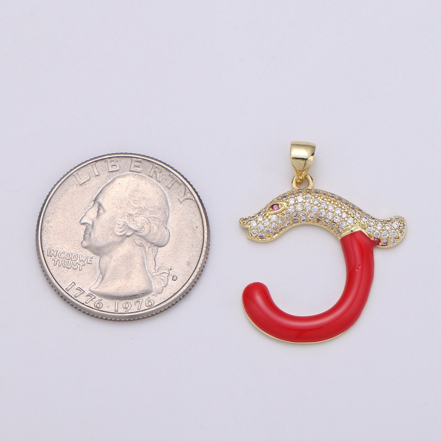 14k Gold Filled Cubic Red Eye Snake Pendant, CZ Cluster Pendant, Lucky Charm, Red Enamel Hook CZ Pave Pendant J-053