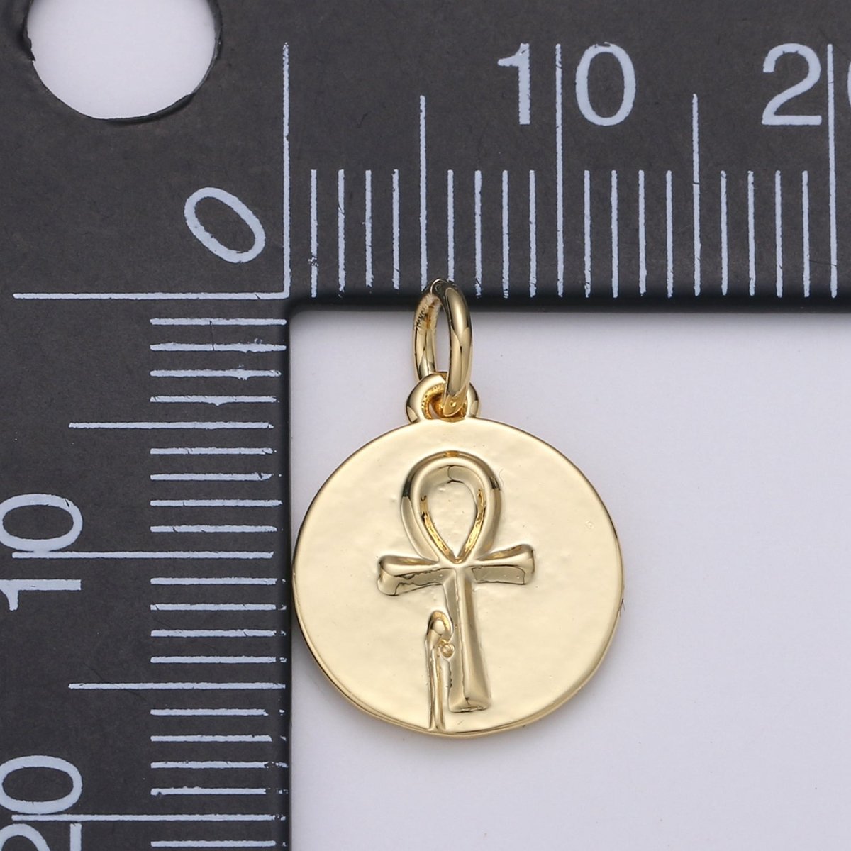 Key of Life Coin Charm Ankh Cross Round Disc Gold Filled Pendant - D-589