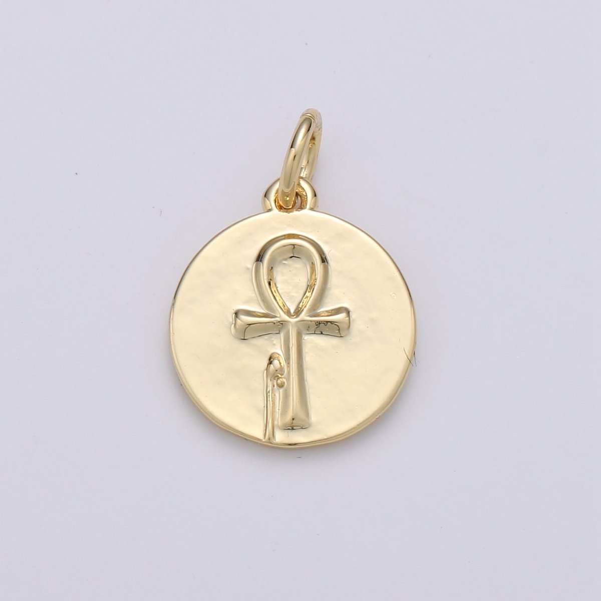 Key of Life Coin Charm Ankh Cross Round Disc Gold Filled Pendant - D-589