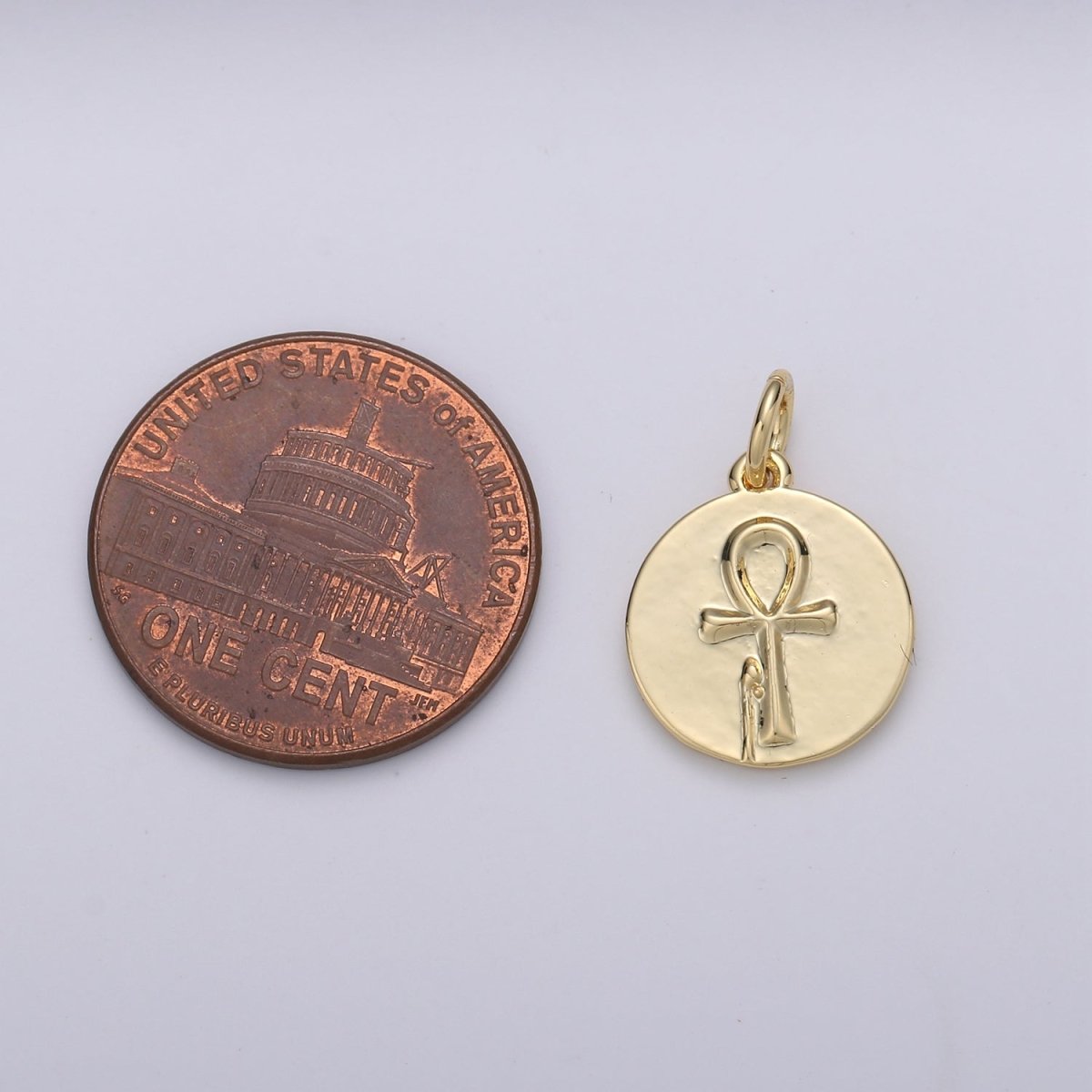 Key of Life Coin Charm Ankh Cross Round Disc Gold Filled Pendant - D-589