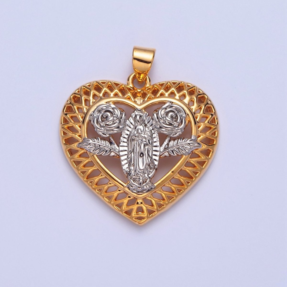 Lady Guadalupe Pendant Heart Medallion Rose Virgin Mary Charm I-314