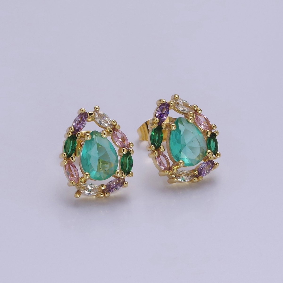 Light Mint Stud Earring - Gold CZ Earrings - Bridesmaids Bridal Wedding Jewelry V-116