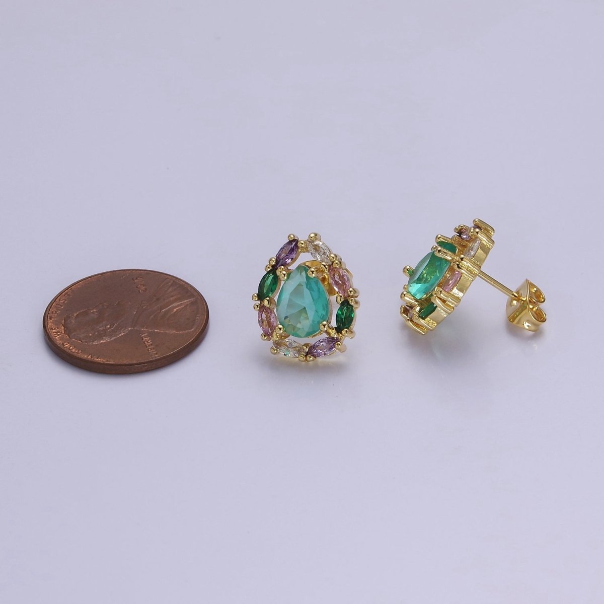 Light Mint Stud Earring - Gold CZ Earrings - Bridesmaids Bridal Wedding Jewelry V-116