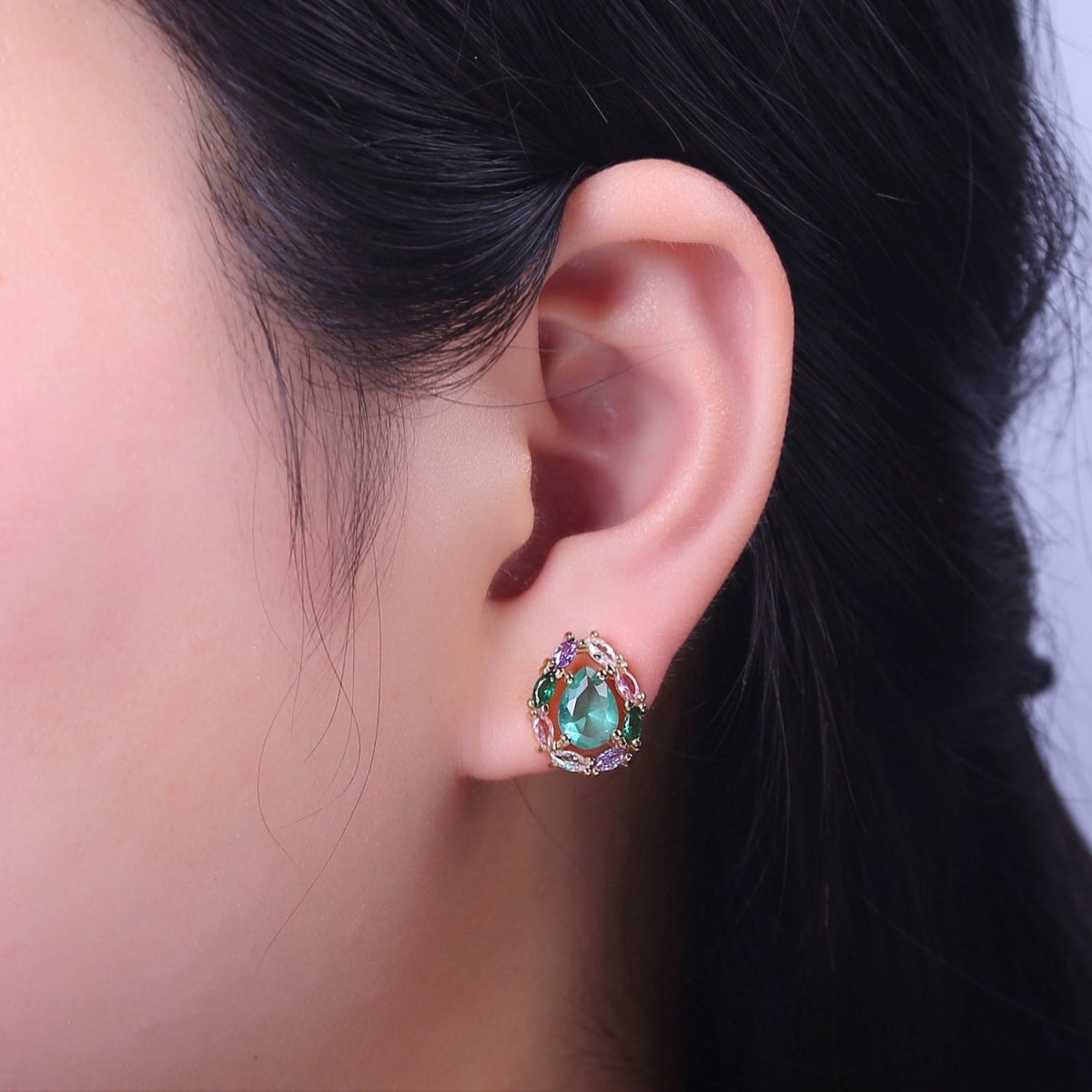 Light Mint Stud Earring - Gold CZ Earrings - Bridesmaids Bridal Wedding Jewelry V-116