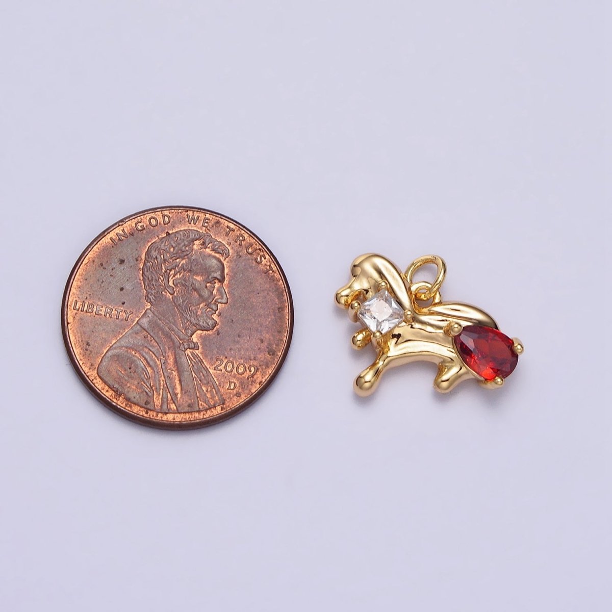 Little Dog Green, Red Teardrop CZ Animal Gold Abstract Molten Drip Charm | AC060