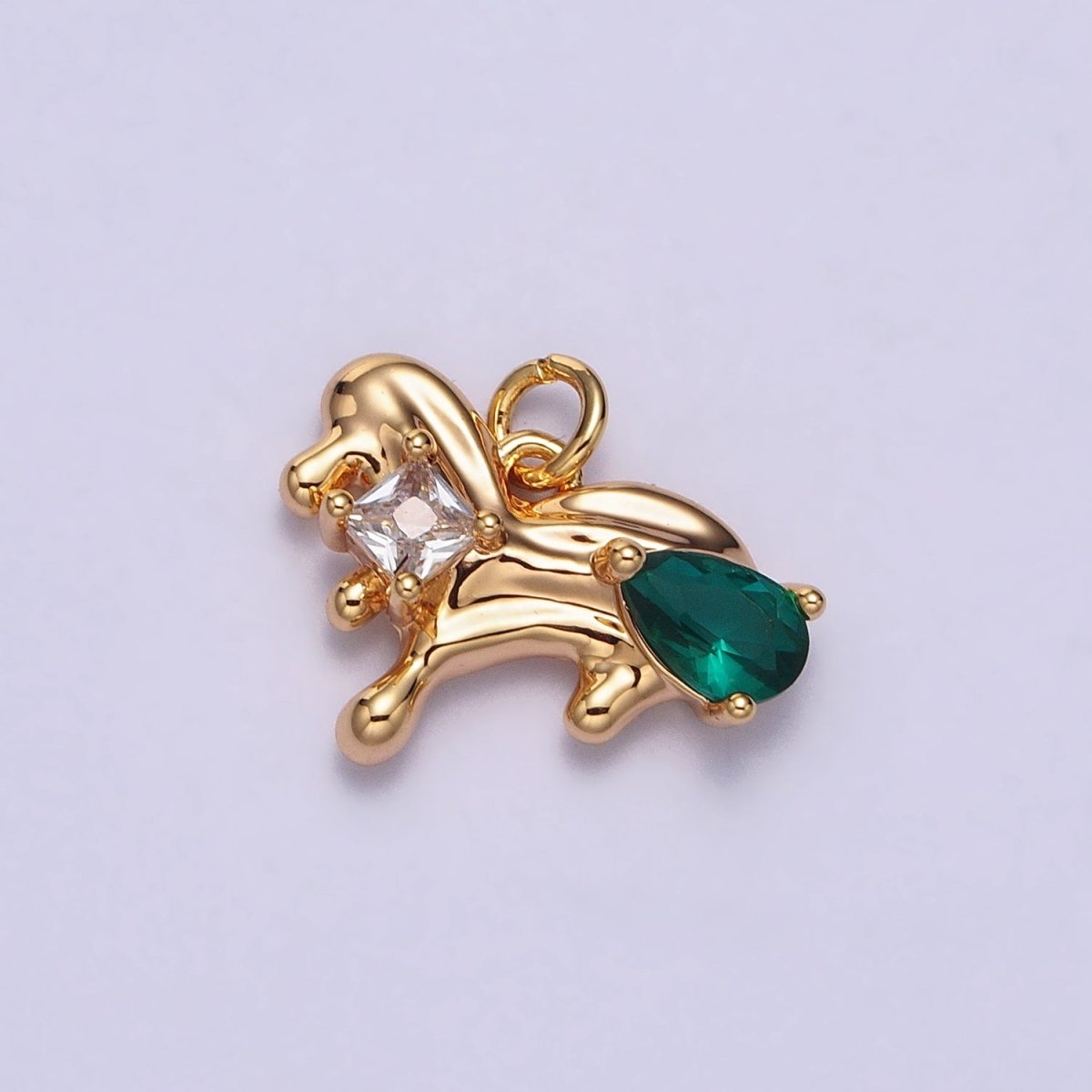 Little Dog Green, Red Teardrop CZ Animal Gold Abstract Molten Drip Charm | AC060
