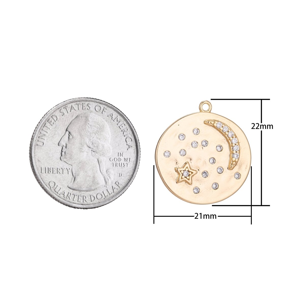 Love you to the moon and back charm Starry Night Coin Pendant, Moon and Stars Charm CZ in 18k Gold filled for Jewelry making Supply C-341