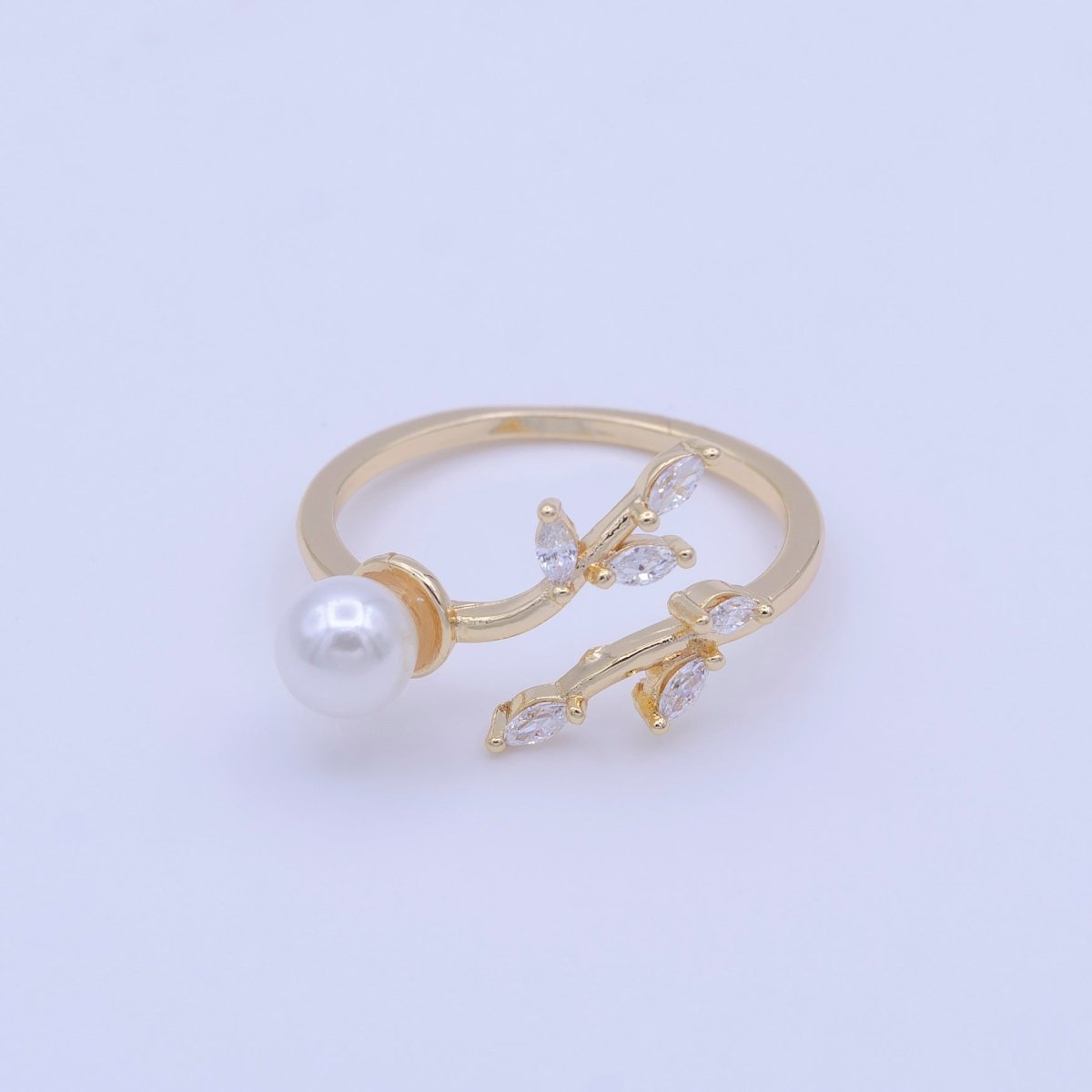 Marquise CZ Vine Leaves Round Pearl Adjustable Gold Ring | O-128