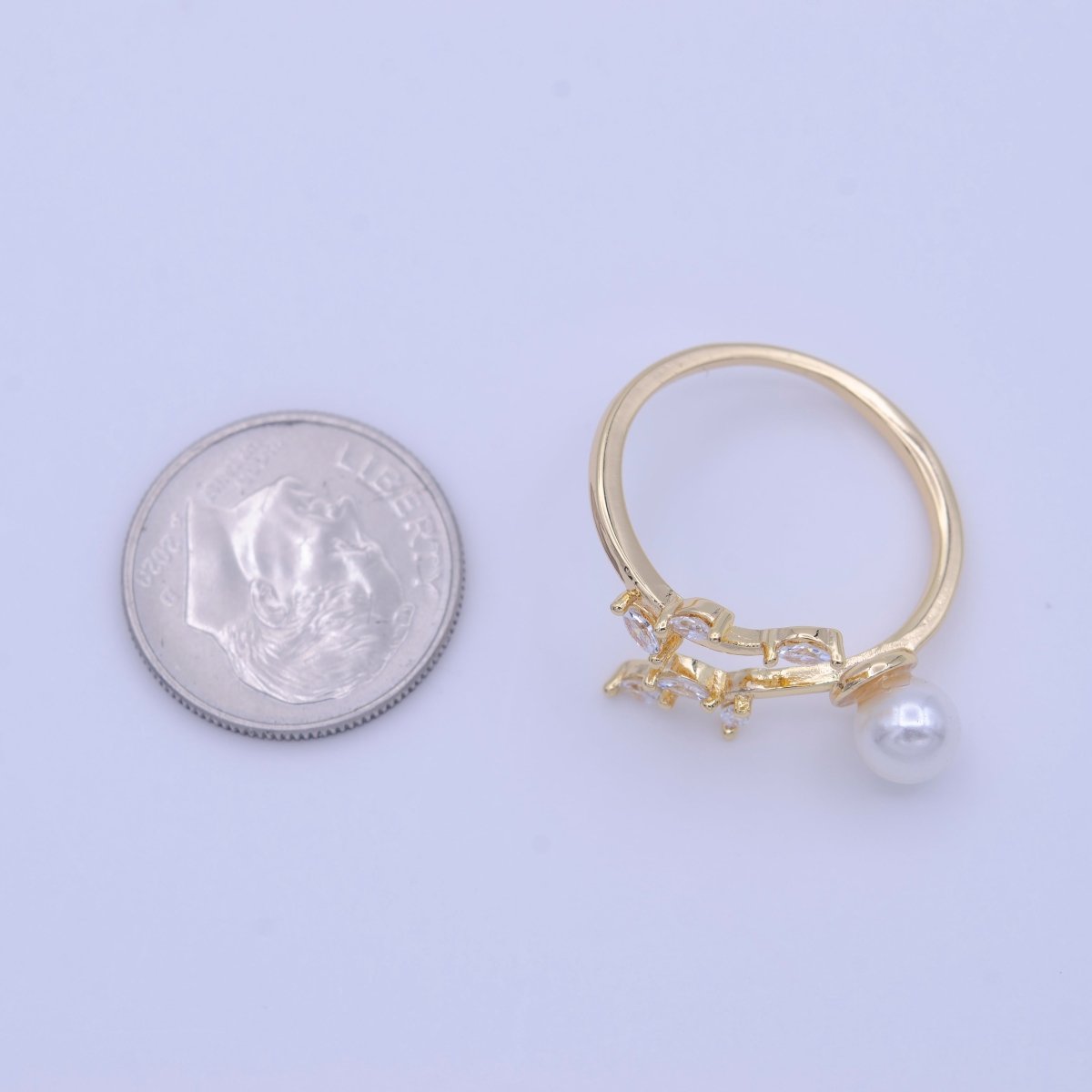 Marquise CZ Vine Leaves Round Pearl Adjustable Gold Ring | O-128