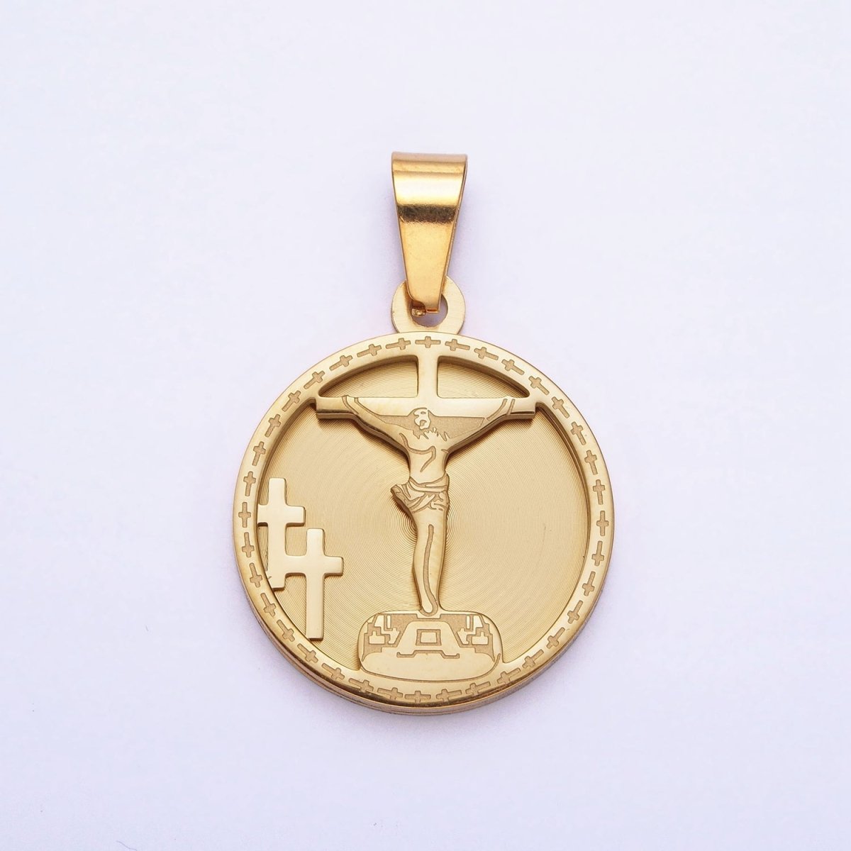 Medallion Gold Charm Stainless Steel Crucifix Cross Pendant in Gold Silver for Statement Religious Jewelry Making | P-1165