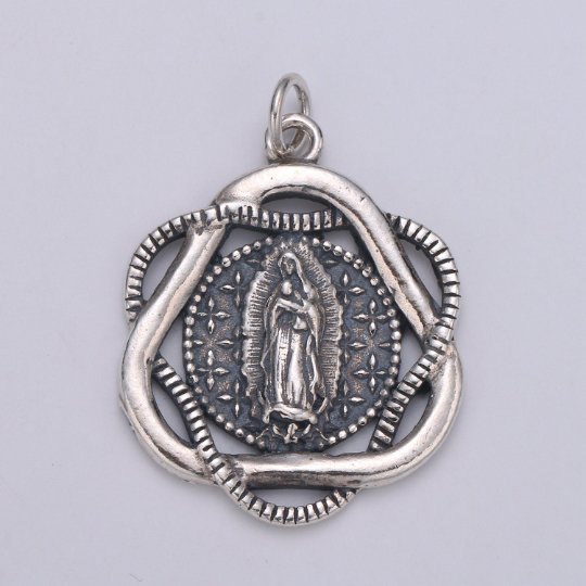 Medallion Pendant 925 Sterling Silver Virgin Mary Charm, Round Disc Charm Religious Charm for Necklace Bracelet Earring, Mother Mariah Charm, SL-HJ-68