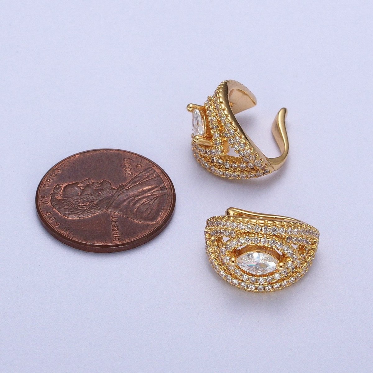 Medium Gold Marquise Earcuff Earring Gold Plated Micro Pave Ear Cuff No Pierce Earrings AI-087