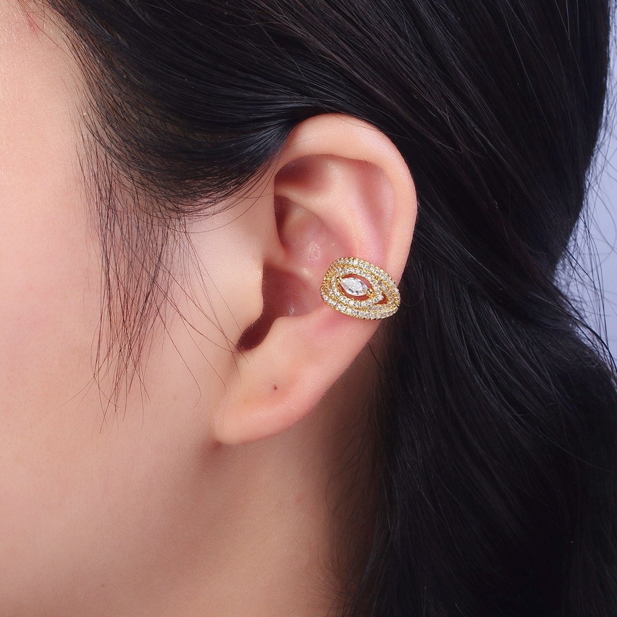 Medium Gold Marquise Earcuff Earring Gold Plated Micro Pave Ear Cuff No Pierce Earrings AI-087