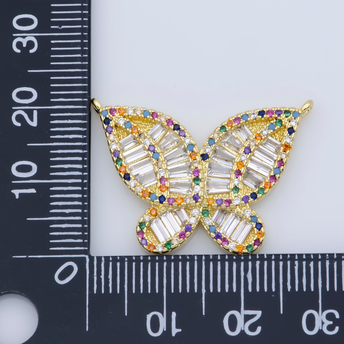 Micro Pave Butterfly Connectors, Clear and Rainbow Baguette Pave Double Loop Pendants, Gold Butterflies Charm Links Necklace Bracelet Supply F-381
