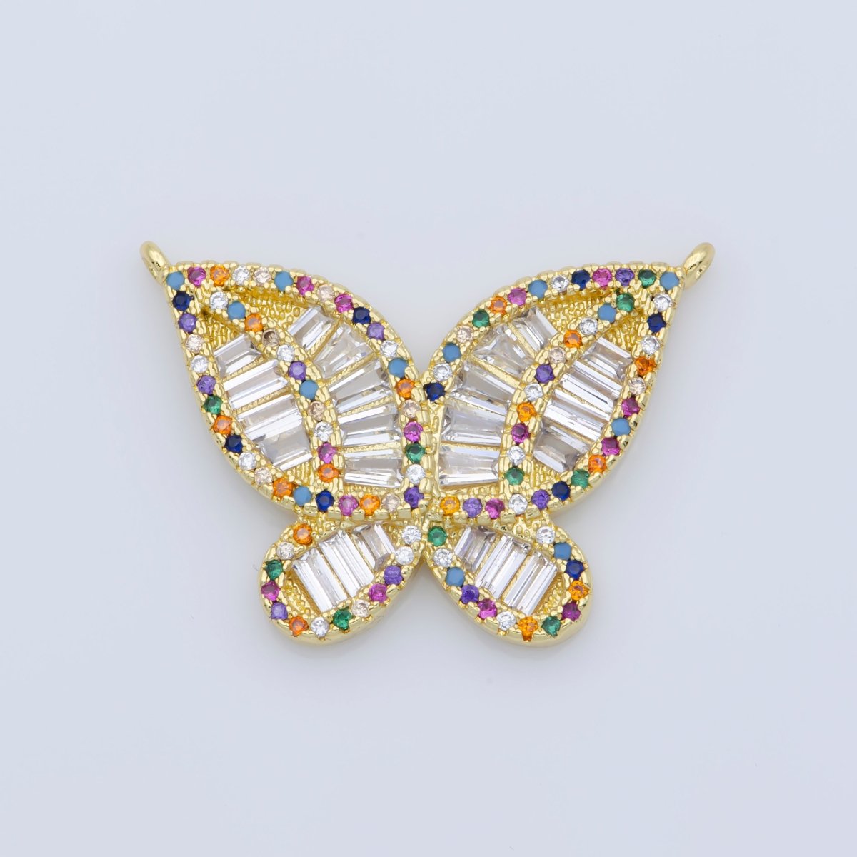 Micro Pave Butterfly Connectors, Clear and Rainbow Baguette Pave Double Loop Pendants, Gold Butterflies Charm Links Necklace Bracelet Supply F-381