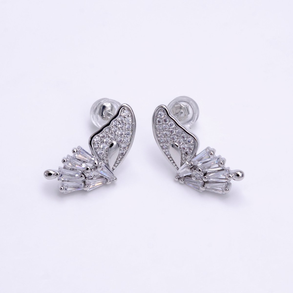 Micro Pave Clear CZ Butterfly Mariposa Baguette Silver Stud Earrings |  AE-765