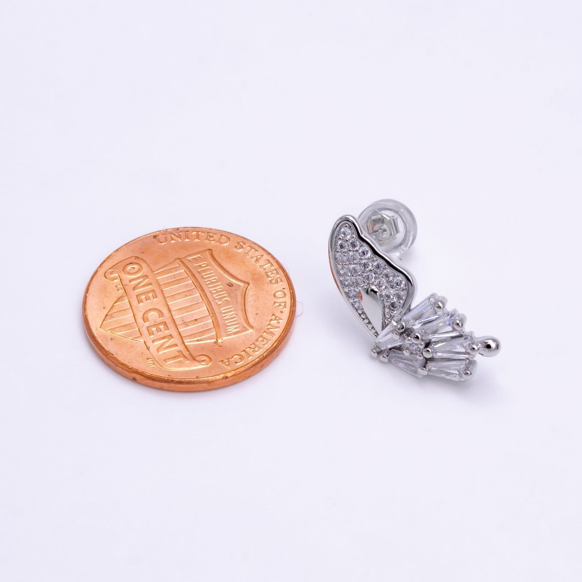 Micro Pave Clear CZ Butterfly Mariposa Baguette Silver Stud Earrings |  AE-765