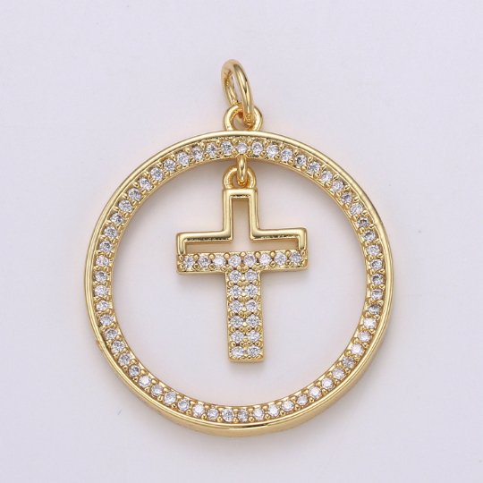 Micro Pave Cross Charm Coin Charm - 29x23mm, 14K Gold Filled CZ Dangle Charm Pendant, Cubic Zirconia, Gold Cross Pendant, Religious Jewelry, E-158