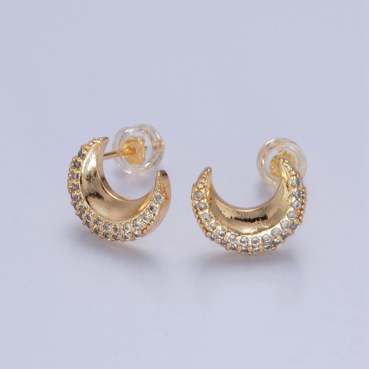 Micro Pave Cubic Zirconia Gold Celestial Crescent Moon Stud Earrings P-326