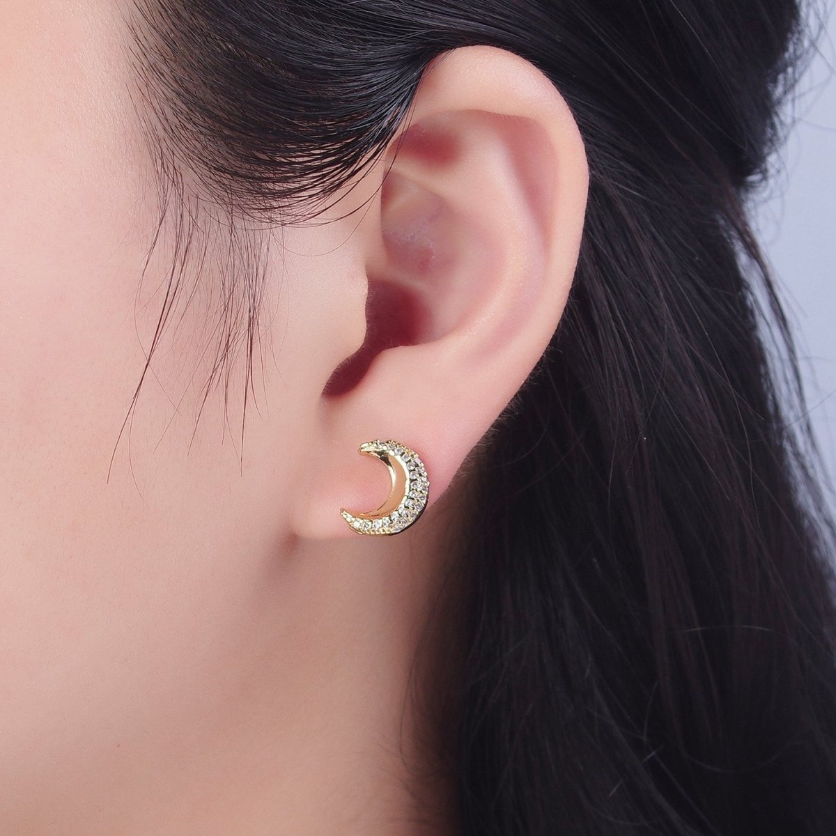 Micro Pave Cubic Zirconia Gold Celestial Crescent Moon Stud Earrings P-326