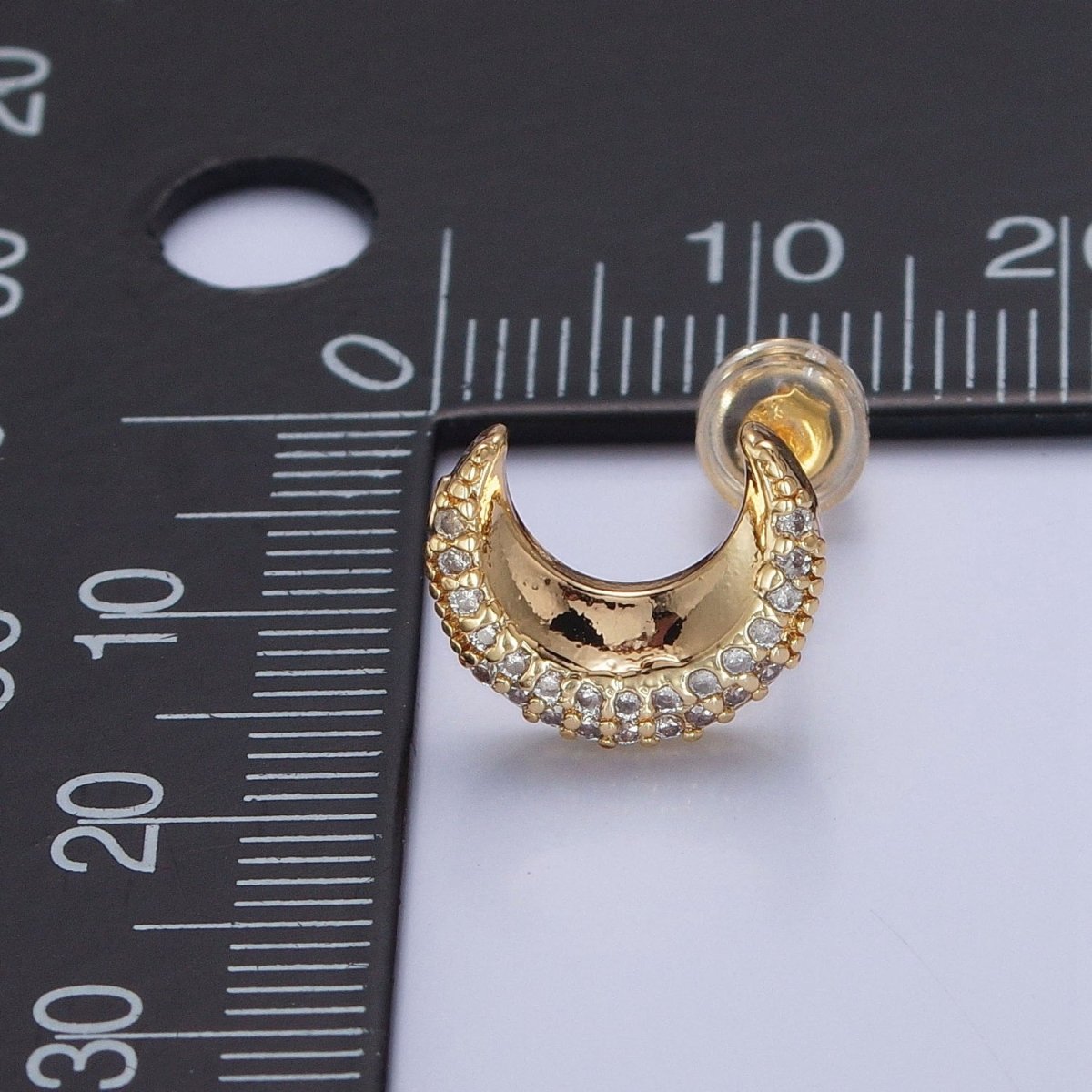 Micro Pave Cubic Zirconia Gold Celestial Crescent Moon Stud Earrings P-326