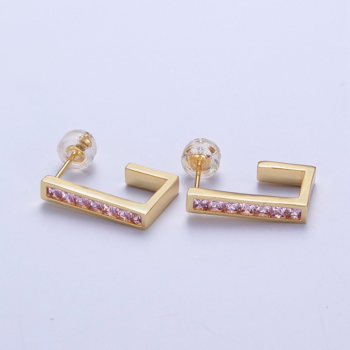 Micro Pave Cubic Zirconia Gold J Shaped Block Square Hoop Stud Earrings | AD-520~AD-527