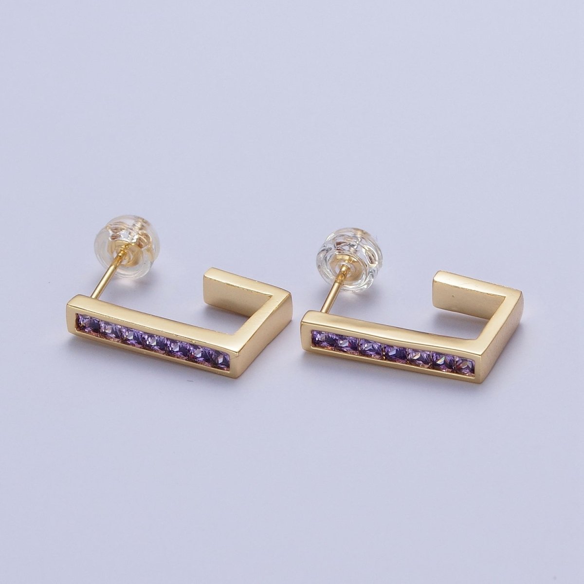 Micro Pave Cubic Zirconia Gold J Shaped Block Square Hoop Stud Earrings | AD-520~AD-527