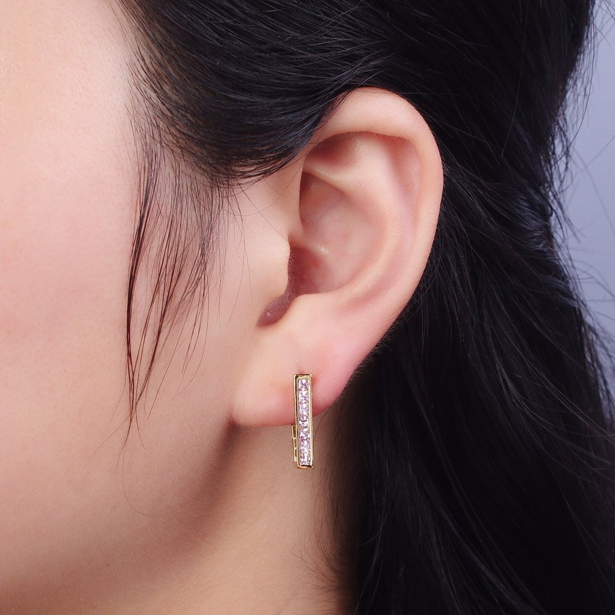 Micro Pave Cubic Zirconia Gold J Shaped Block Square Hoop Stud Earrings | AD-520~AD-527