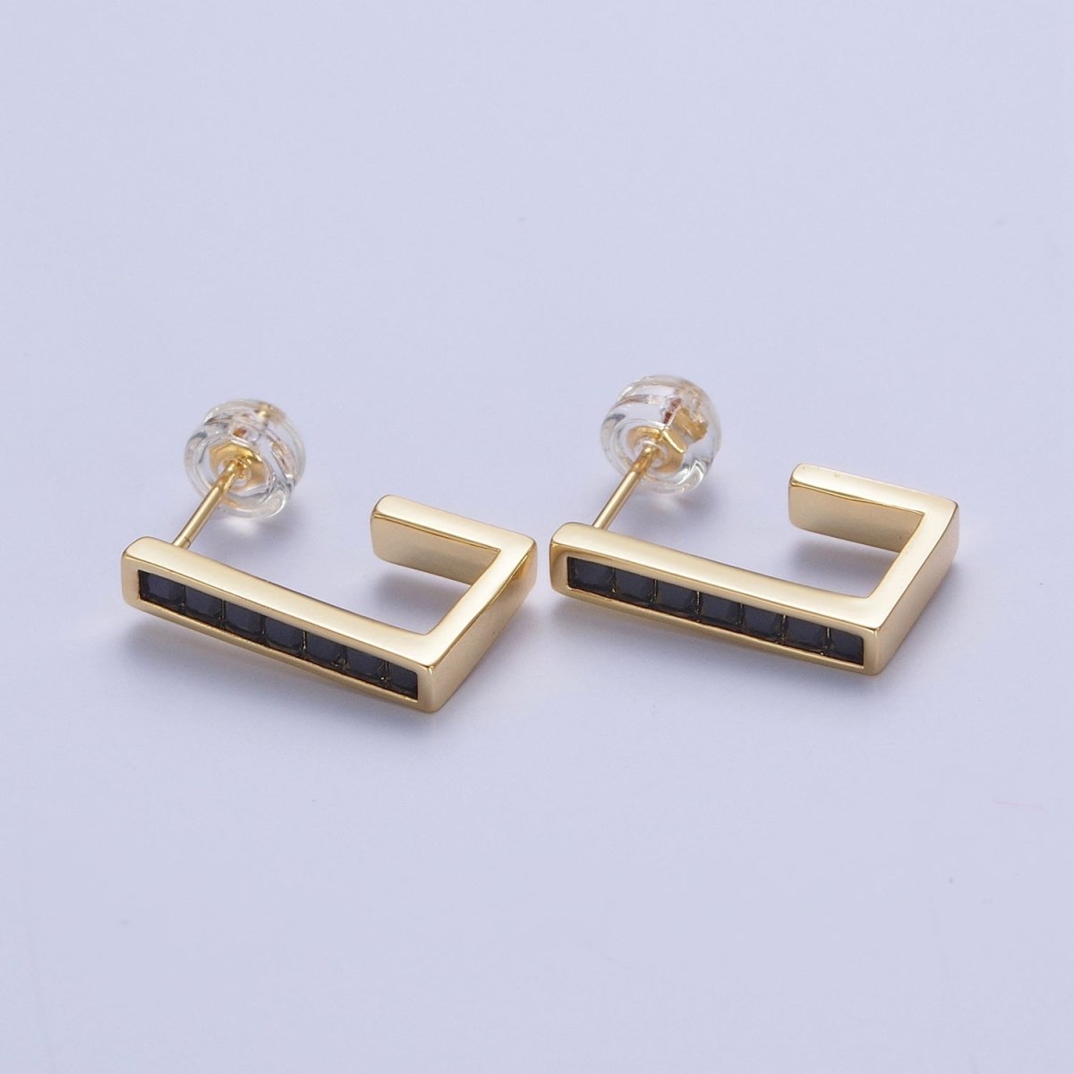 Micro Pave Cubic Zirconia Gold J Shaped Block Square Hoop Stud Earrings | AD-520~AD-527