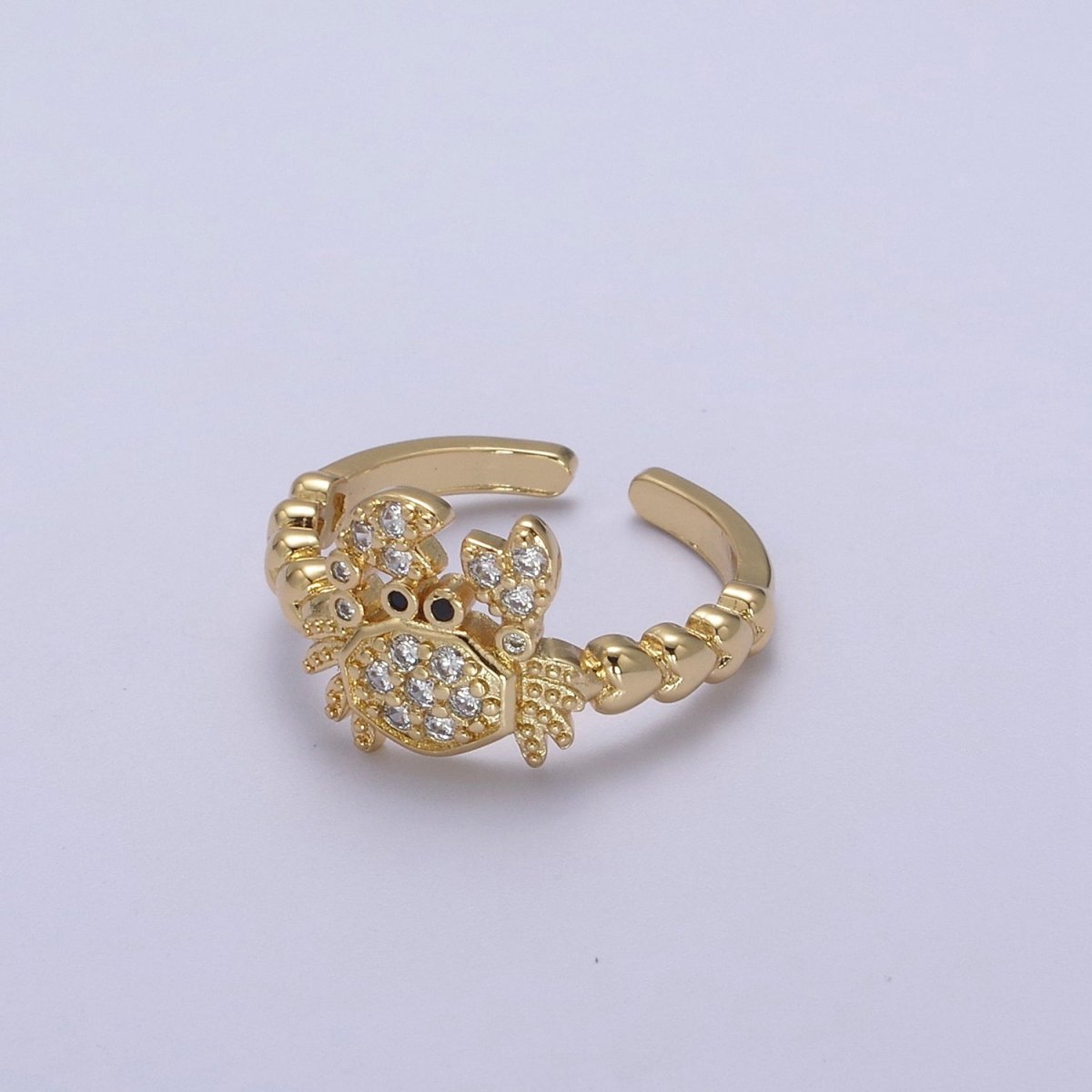 Micro Pave Cute Crab Ring, Heart Textured Gold Adjustable Band Ring, 24K Gold Filled Nature Ocean Wildlife Under The Sea Ring U-440