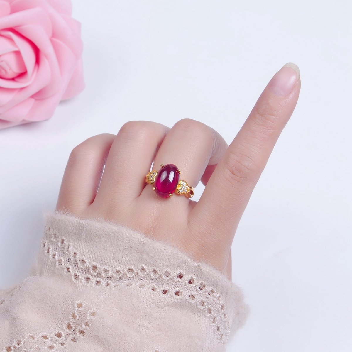 Micro Pave CZ Heart Fuchsia Pink Jade Ring O-774