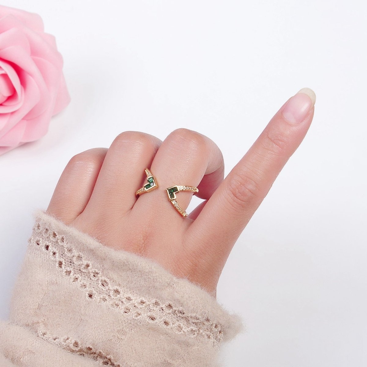 Micro Pave Double Band Cubic Zirconia Green Heart Adjustable Open Ring O-780