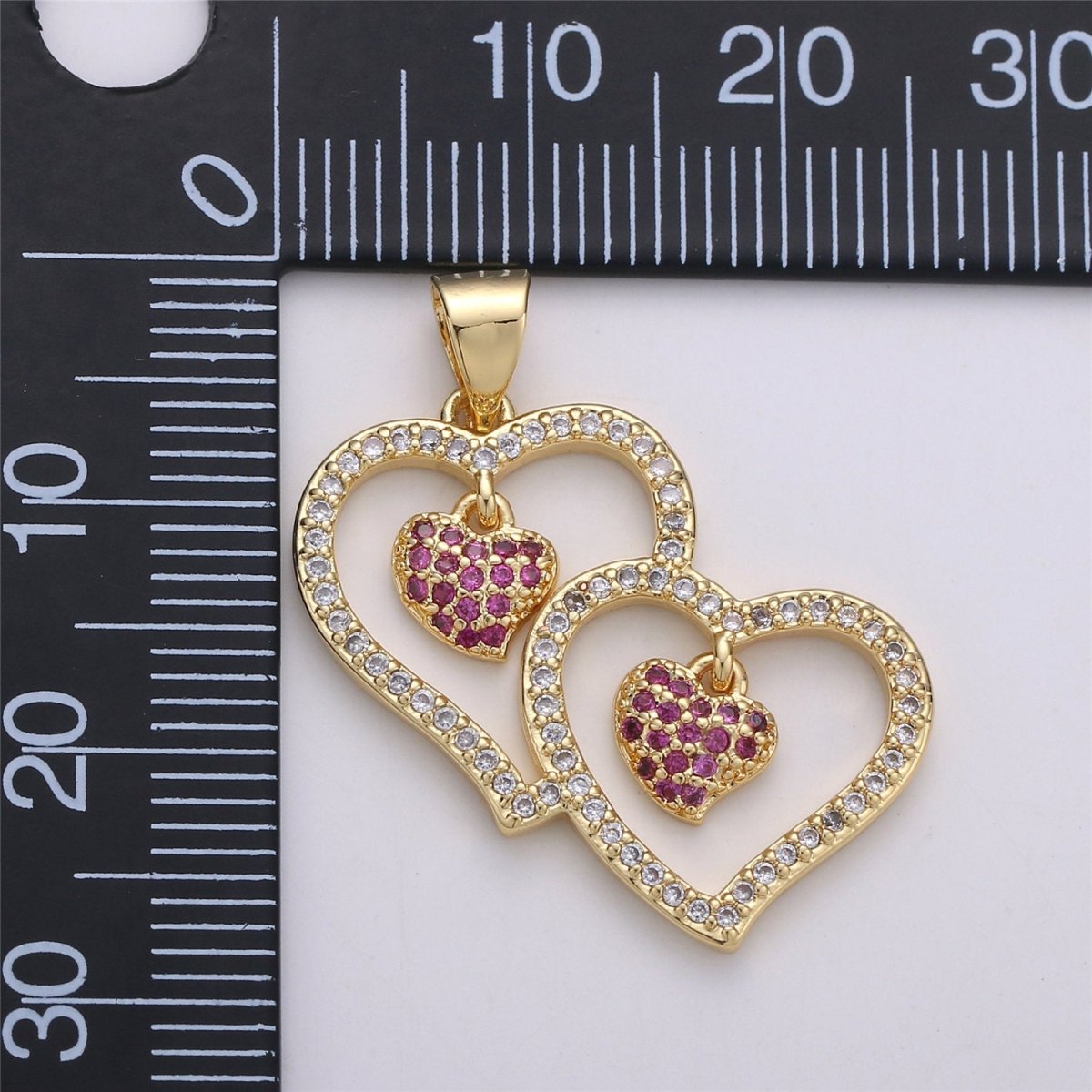 Micro Pave Double Heart Pendant Cubic Twin Heart Charm 14k Gold Filled linked Heart Charm Earrings Necklace Component I-588
