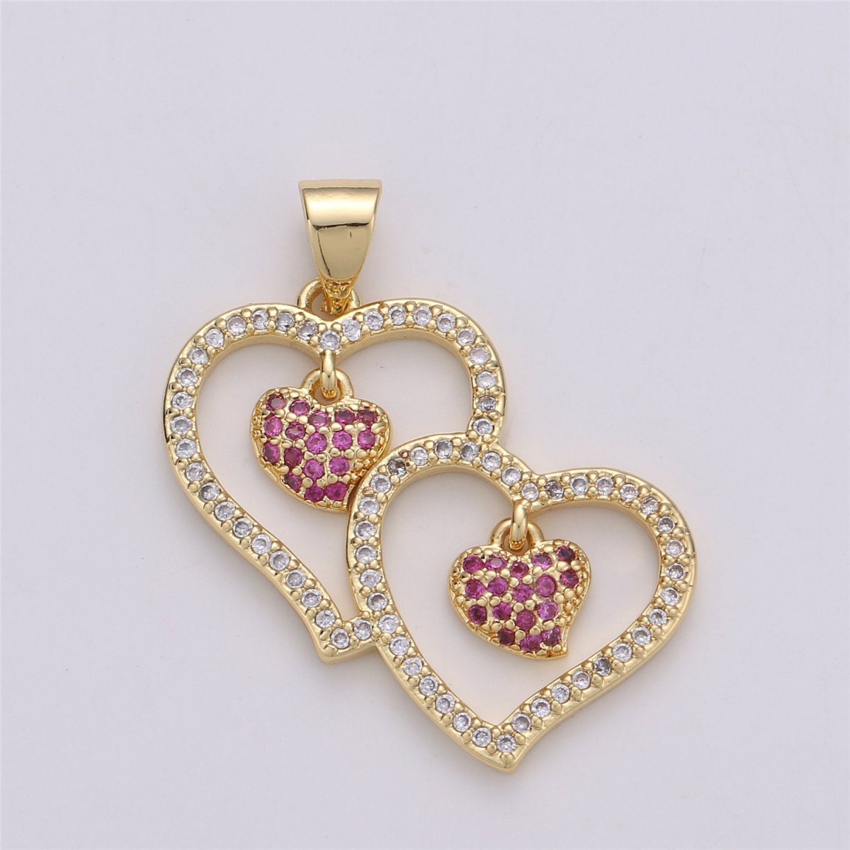 Micro Pave Double Heart Pendant Cubic Twin Heart Charm 14k Gold Filled linked Heart Charm Earrings Necklace Component I-588